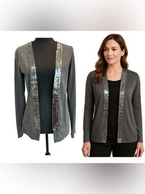 Gray Open-Front Sweater Cardigan with Sequin Trim